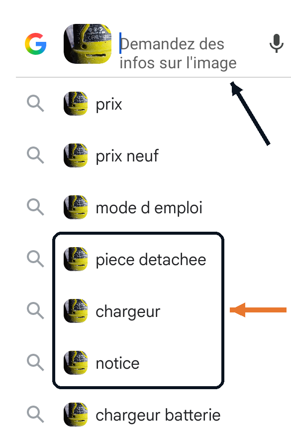 Les recherches proposées par Lens après la photo d'une ponceuse : prix, mode d'emploi, pièce détachée, chargeur, notice. Un cadre entoure pièce détachée, chargeur et notice.